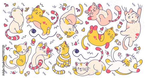 Large set of funny doodle cats. Set of stickers, isolated elements. Wide feline background with variety of kittens. 