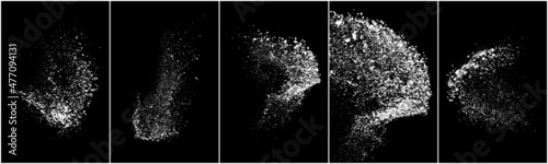 Set of white splashes isolated on black background. Abstract vector explosion. Digitally generated image. Illustration, EPS 10.