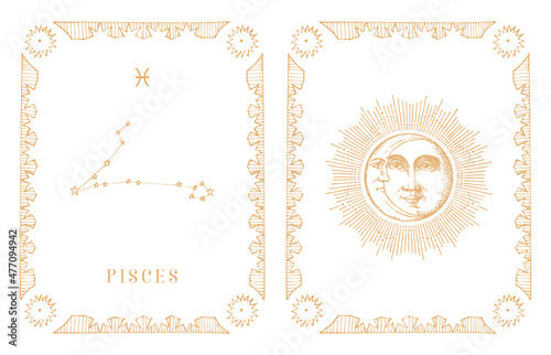 Pisces zodiac constellation, old card in vector.