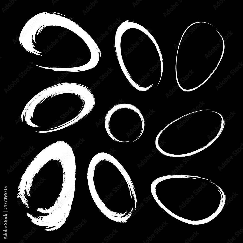 White hand drawn watercolor oval brush stroke set. Brush circular