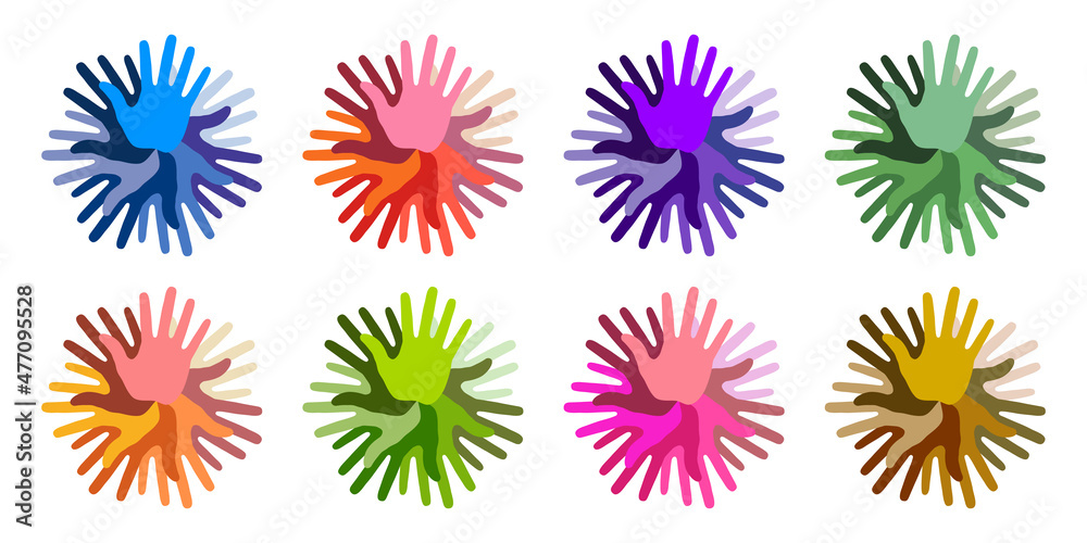 Hand round insignia set. Hand print bright circle icons. Handprint colorful emblems. Vector logo Hand round insignia set. Hand print bright circle icons. Handprint colorful emblems. Vector logo