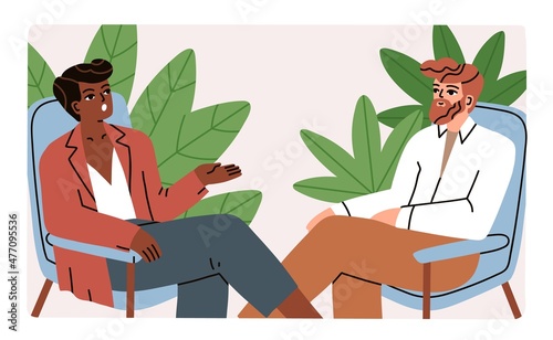 People at interview. Conversation with celebrity in studio. Man host listening to woman guest answering. Interviewer and interviewee talking, sitting in armchairs. Colored flat vector illustration