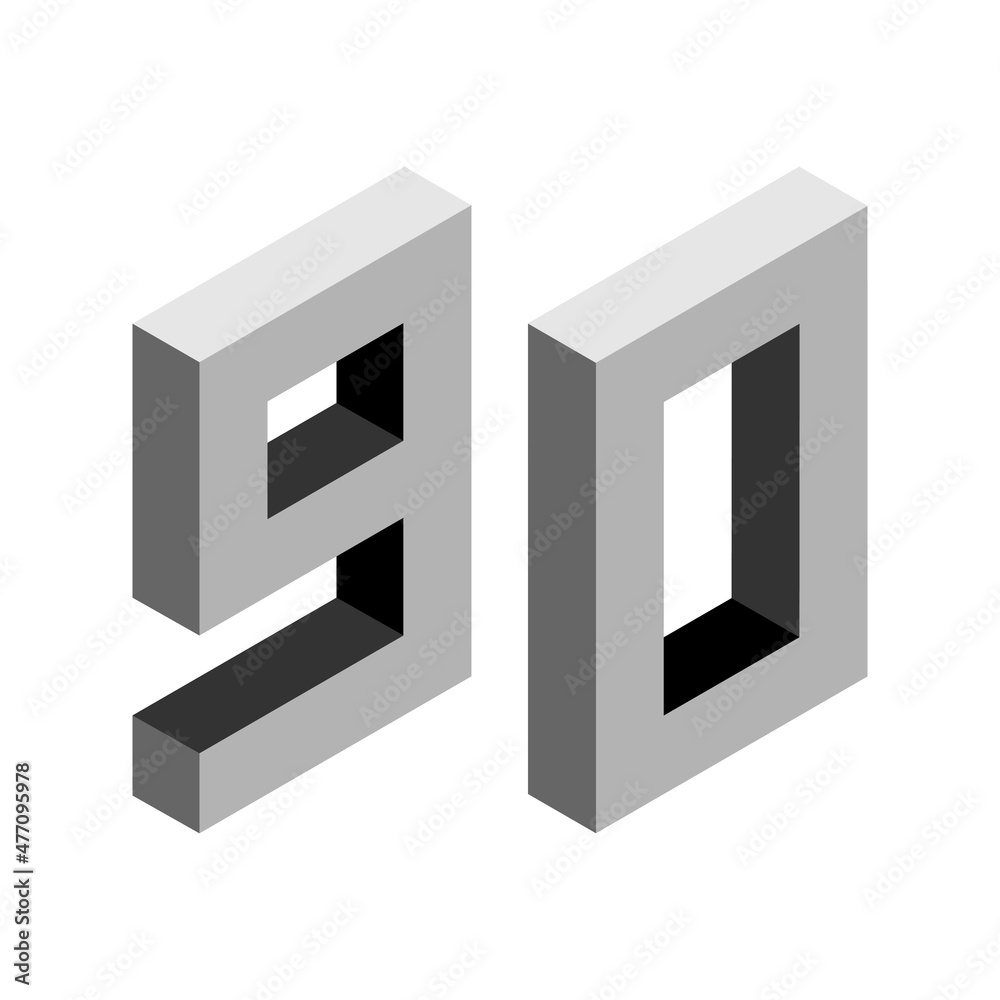 Gray number 90 in isometric style. Isolated on white background. Learning numbers, serial number, price, place. Gray number 90 in isometric style. Isolated on white background. Learning numbers, serial number, price, place.