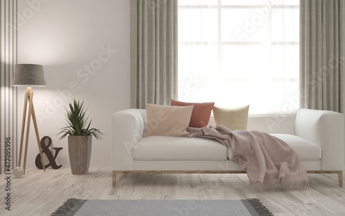 Soft color living room with sofa. Scandinavian interior design. 3D illustration