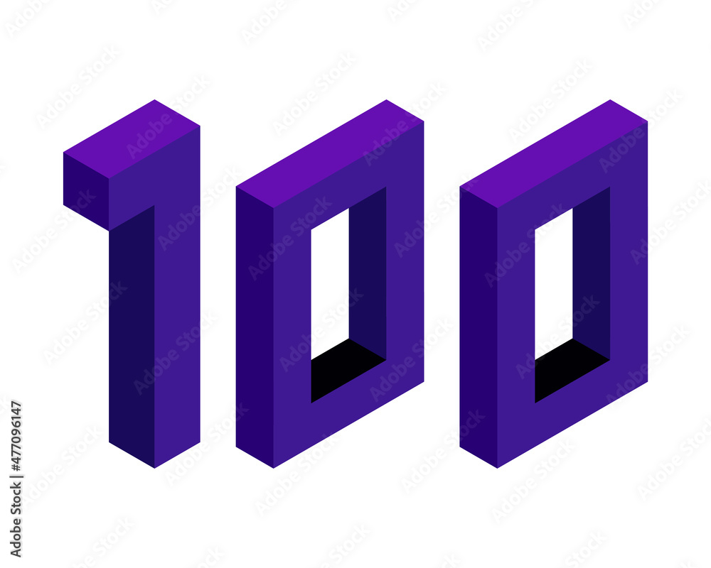 Violet number 100 in isometric style. Isolated on white background. Learning numbers, serial number, price, place. Violet number 100 in isometric style. Isolated on white background. Learning numbers, serial number, price, place.