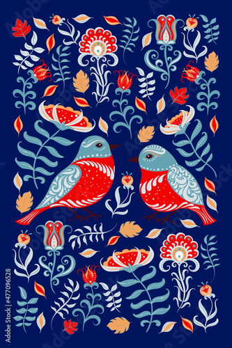 Birds with ornaments, flowers on a blue background. Rectangular design for posters, clothes, postcards, embroidery, home textiles in folklore style. © skaska_i