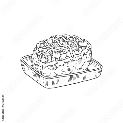 Turkish Kumpir dish of baked potato engraving vector illustration isolated.