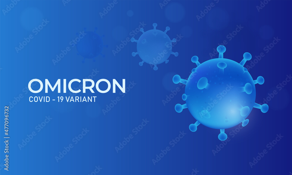 Covid-19 Omicron Variant Banner Design With Glossy Virus Structure On Blue Background.