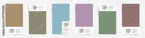 Lunar new year promo stories banners design template set. Japan geometric stories frames or vintage modern social posts. Retro waves patterns, wavy lines in brown, blue, purple, green colors set.