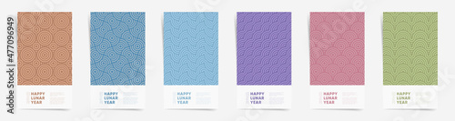 Chinese lunar new year promo stories banners design template set. Abstract geometric stories frames or minimalism modern social posts. Wavy patterns, seigaiha lines in brown, blue, pink colors set.