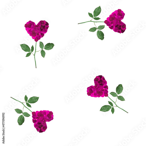 Valentine card. Flowers in the shape of hearts made of rose petals.