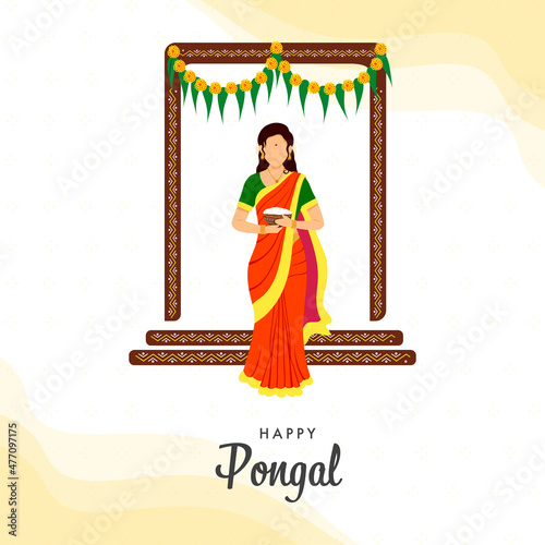 Happy Pongal Concept With South Indian Woman Holding Bowl Of Traditional Dish  Rice  At Door View On White Background.