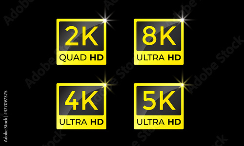 2K, 4K, 5K and 8K Ultra HD realistic symbol vector design isolated on black background with sprinkle. High definition video label set