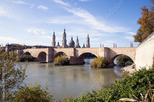 Zaragoza, Spain. View of baroque Basilica de Nuestra Senora del Pilar on sunny day