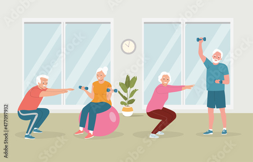 Elderly men and women doing exercises at modern gym. Flat style cartoon vector illustration.