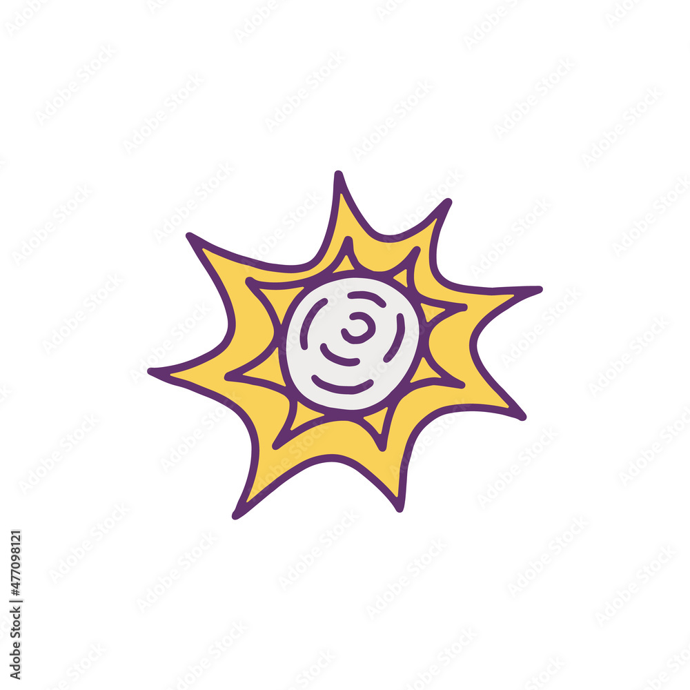 Sun hand drawn sign or icon with rays, cartoon vector illustration isolated.