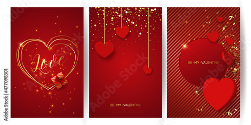 Valentine's day sale vector banner. Be my valentine banner with 3d heart, gift box, gold confetti, podium on red background. Vector illustration. 3D realistiс design template with podium and gift