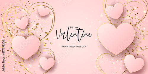 Valentine's day sale vector banner. Be my valentine banner with 3d heart, gift box, gold confetti, podium on pink background. Vector illustration. 3D realistiс design template with podium and gift