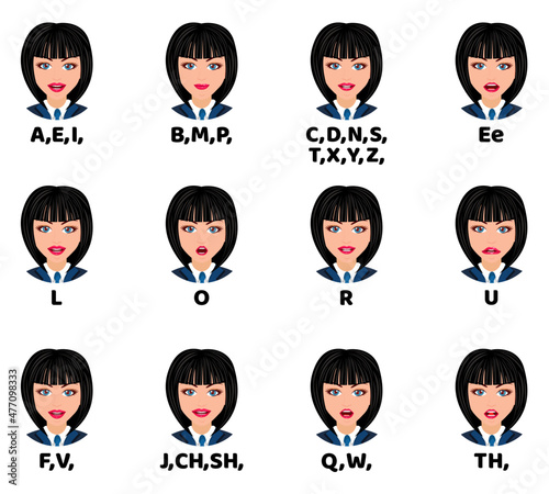 Cute beautiful girl character avatar and with mouth animation pack with lip syncing set for animation and sound pronunciation isolated