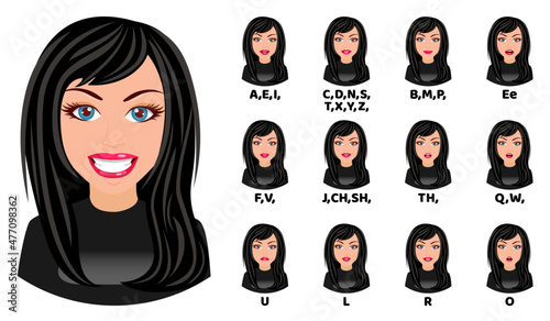 Cute  girl character avatar and with mouth animation pack with lip syncing set for animation and sound pronunciation isolated