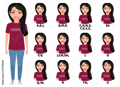 Girl character avatar and with mouth animation pack with lip syncing set for animation and sound pronunciation wearing beautiful outfit isolated