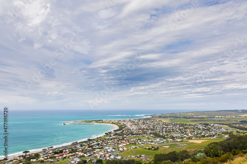 Australia, Victoria, Apollo Bay, Clouds over coastal town seen from Marriners Lookout photo