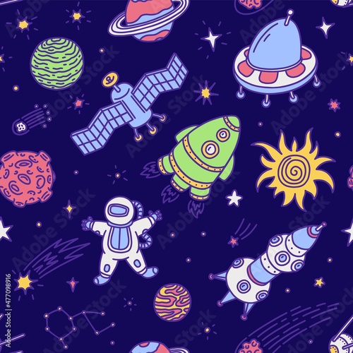 Space seamless pattern in hand drawn doodle style, cartoon vector illustration.