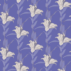 Crédence de cuisine Pantone 2022 very peri Floral seamless pattern of ily flowers in white and lilac color with bronze outline. Decorative print for wallpaper, wrapping, textile, fashion fabric or other printable covers.  © Svetlana Moskaleva
