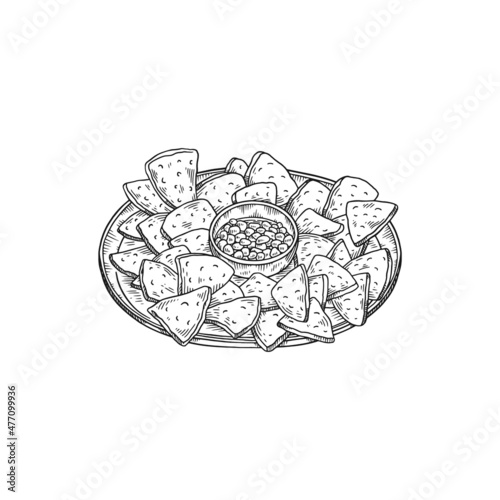 Nachos plate with salsa or guacamole sauce, hand drawn sketch vector illustration isolated on white background.