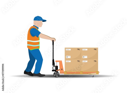 Manual hydraulic pallet truck, the worker moves the load. Storage equipment. Vector illustration.