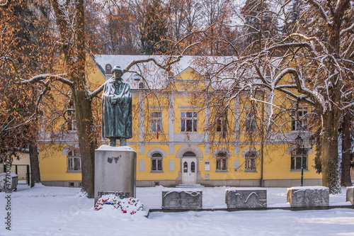 Dolny Kubin, Slovakia - December 26 2021: Pavol Orszagh Hviezdoslav museum with his statue in Dolny Kubin. Famous poet and translator photo