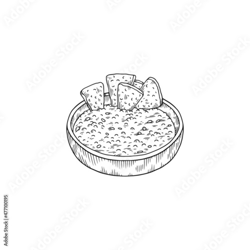 Salsa with nachos chips Mexican dish, sketch vector illustration isolated.