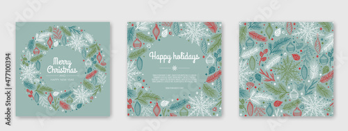 Merry Christmas artistic templates. Corporate Holiday cards and invitations. Winter frames and backgrounds design.
