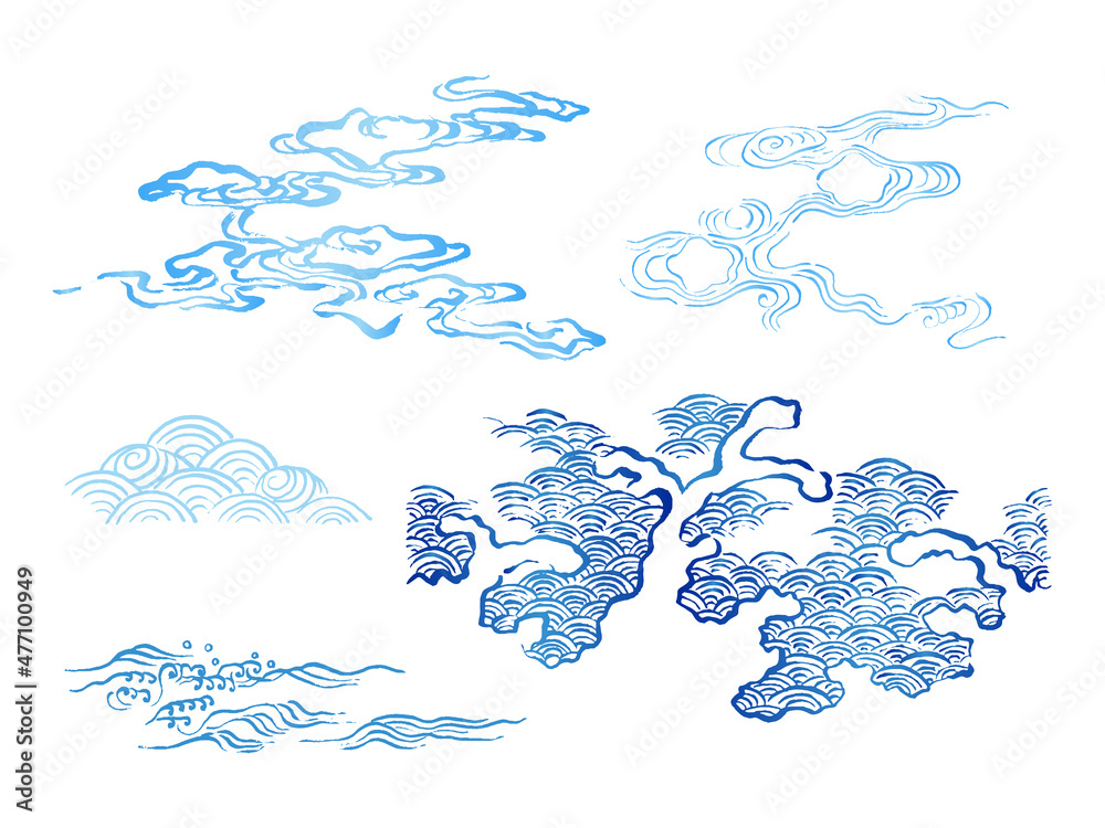 和風イラスト 毛筆の青い波セット 青海波 海や水しぶき 和波コレクション かすれ 水 夏 伝統的 Vektornyj Obekt Stock Adobe Stock