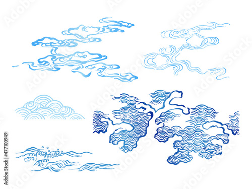 和風イラスト・毛筆の青い波セット　青海波　海や水しぶき　和波コレクション　かすれ　水　夏　伝統的
