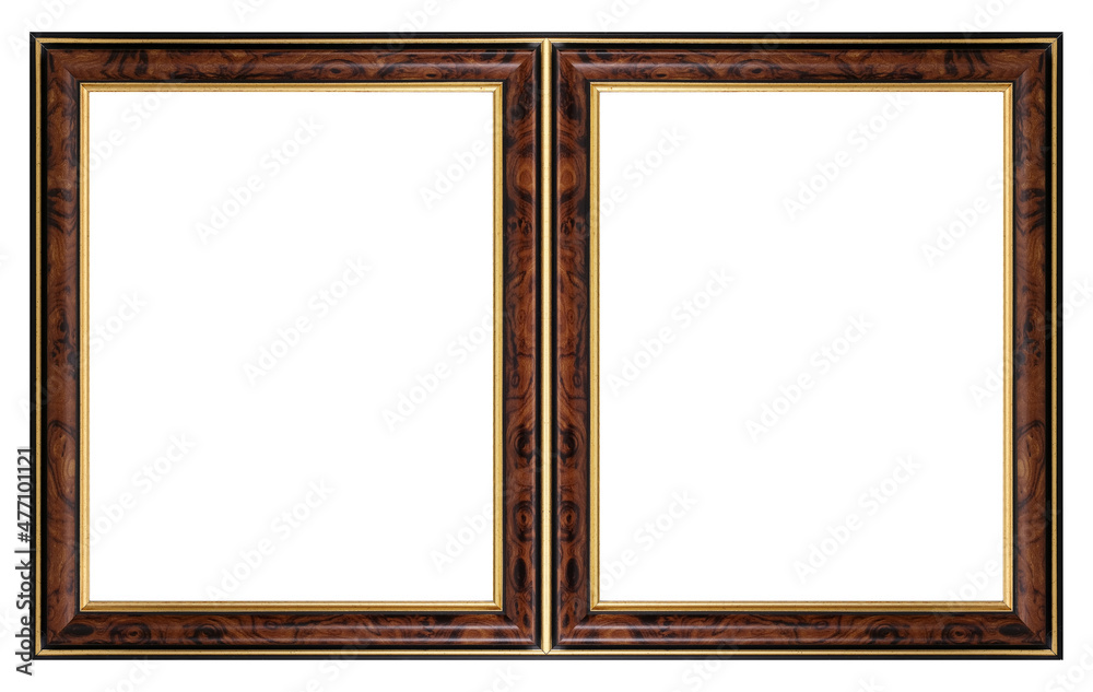 Fototapeta premium Double wooden frame (diptych) for paintings, mirrors or photos isolated on white background. Design element with clipping path