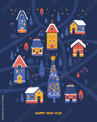 Wallpaper Mural Happy New Year poster, cover, postcard. Cute Christmas houses, christmas tree, snowy forest, starry sky on background of winter landscape. Festive night city. Hand drawn vector illustration. Torontodigital.ca