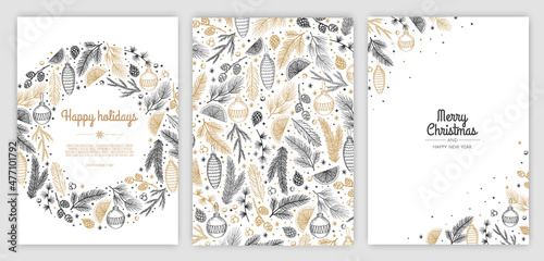 Merry Christmas artistic templates. Corporate Holiday cards and invitations. Winter frames and backgrounds design.