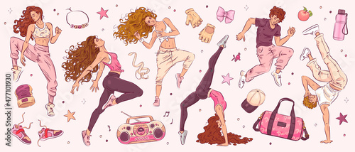 Hand drawn sketch dance studio set. Vector illustration of happy young dancing man and woman