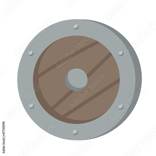 Wooden shield front view. Medieval armor in cartoon style.