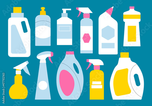 Cleaning bottle supplies. Flat chemical detergent packages illustration set. Housework liquid containers - laundry fluid  disinfectant  bleach  toilet spray.