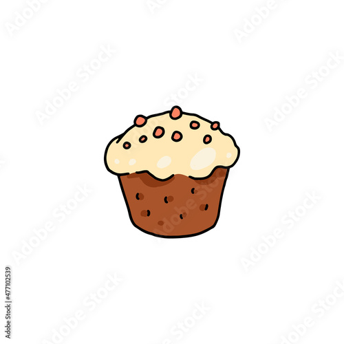 Cute muffin with cream and chocolate chips in colored doodle style, vector illustration isolated on wihte background.