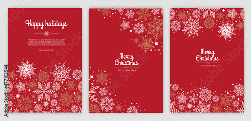 Merry Christmas and Happy New Year Set of greeting cards, posters, holiday covers. Xmas Design with beautiful snowflakes in modern line art style.