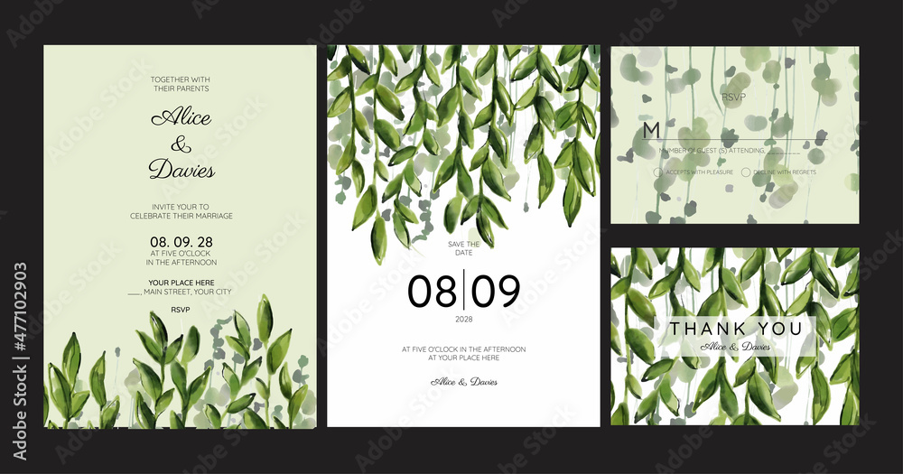 Elegant watercolor wedding invitation card with greenery leaves..