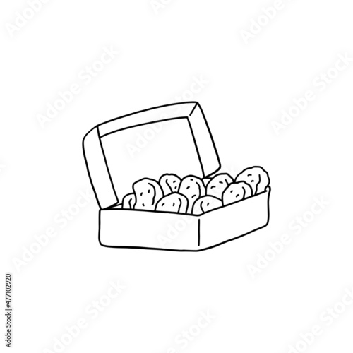 Fried chicken nuggets in paper bucket, hand drawn doodle vector illustration isolated on white background.