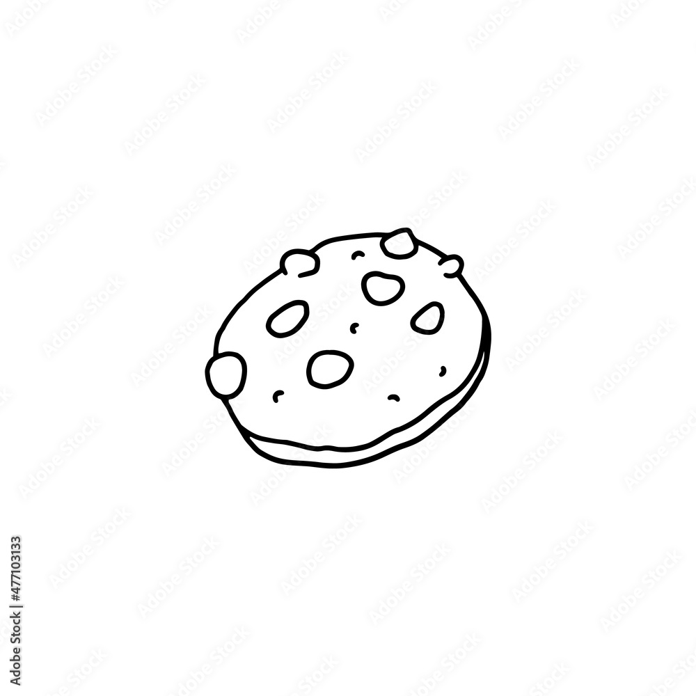 Doodle cookie with chocolate chips, hand drawn outline vector illustration isolated on white background. Doodle cookie with chocolate chips, hand drawn outline vector illustration isolated on white background.