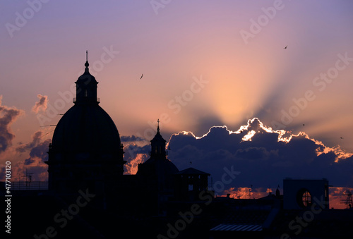 Sunset over old town of Palermo, first left dome of Chiesa di San Giuseppe dei Padri Teatini , in center dome of Chiesa Santa Caterina, historic part of Palermo, Sicily, Italy, Europe