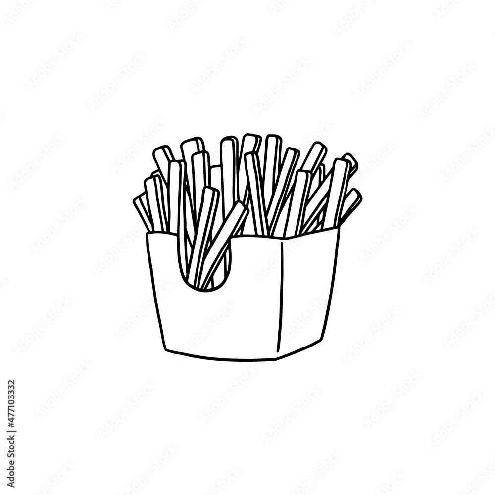 French fries in hand drawn doodle with outlines, vector illustration isolated on white background. French fries in hand drawn doodle with outlines, vector illustration isolated on white background.