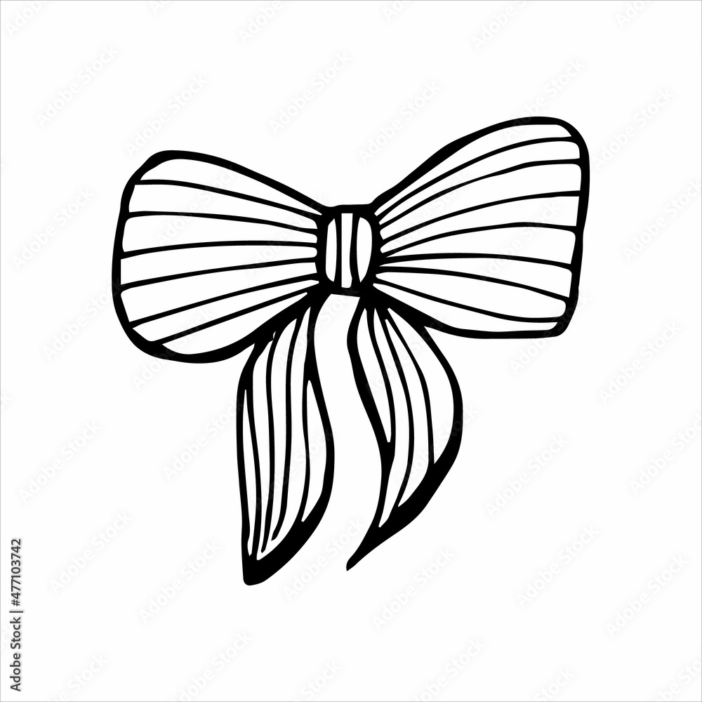 Hand-drawn tied bow in doodle style for different types of design. Black and white vector illustration.