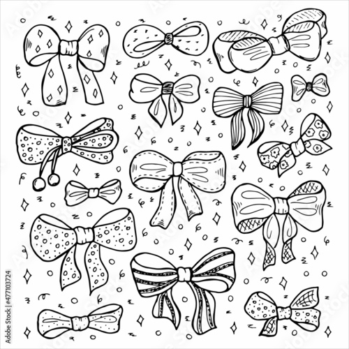 Hand-drawn set of tied bows in doodle style for different types of design. Black and white vector